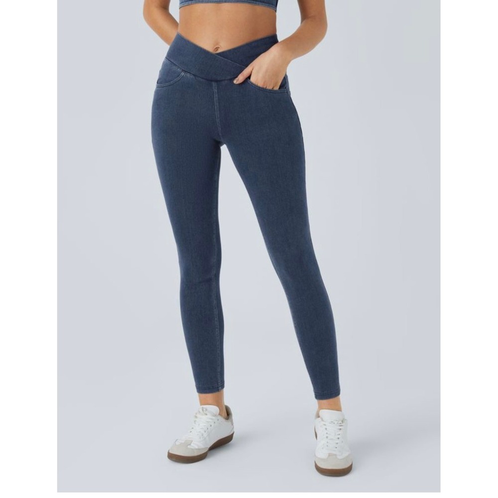2 Halara Denim Leggings L Blue Black High Waist Crossover  Skinny Jeggings
